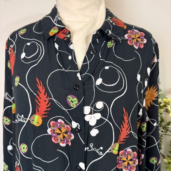 Anthropologie | Scotch & Soda Printed Balloon Sleeve Button Front Shirt Black M - Picture 6 of 12